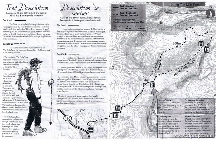 11_GrosMorneTrail001 Gros Morne Mountain (James Callaghan) Trail, 16km,loop, 7-8hrs, very strenuous.每年5月1日至6月30日野生动物繁殖期对游人关闭.我们下午三点多进山,夜宿山中Ferry Gulch营地(unserviced). 营地数目有限, 无预定, 进山当天清晨在Gros Morne Park office登记,先到先得.