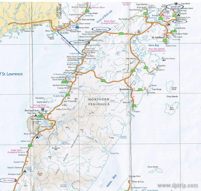 01_map001 结束Gros Morne活动,继续沿Viking Trail (HYW430)北上,为着大家心中的一个期盼--希望在最北端看到冰山,这是我们最后的机会了.